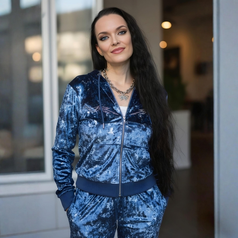 Horoscopez ✦ Blue Velour Libra Zip Hoodie ✦ Zodiac Graphic Cozy Streetwear M NWT